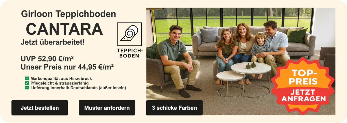 Familie sitzt im modernen Wohnzimmer auf Girloon Teppichboden CANTARA in Beige – große Fenster, gemütliche Einrichtung, Markenqualität aus Herzebrock